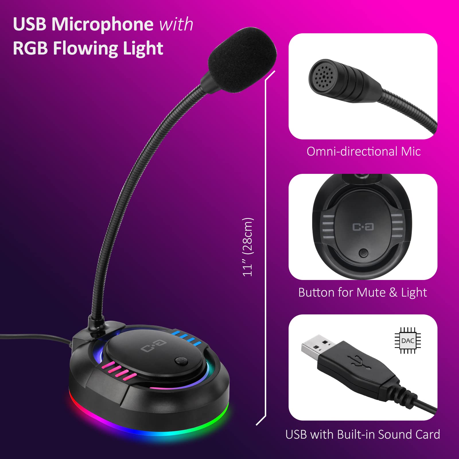 C G Changeek Usb Microphone With Rgb Glowing Light & Mute For Laptop Pc Desktop Computers, Gaming Microphone For Pc Ps4 / 5, Ide
